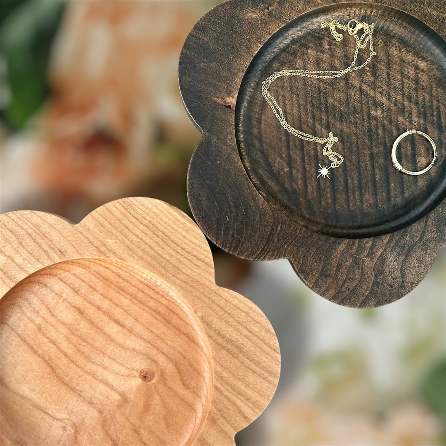 Jewelry set on a floral wooden display with a blurred natural background