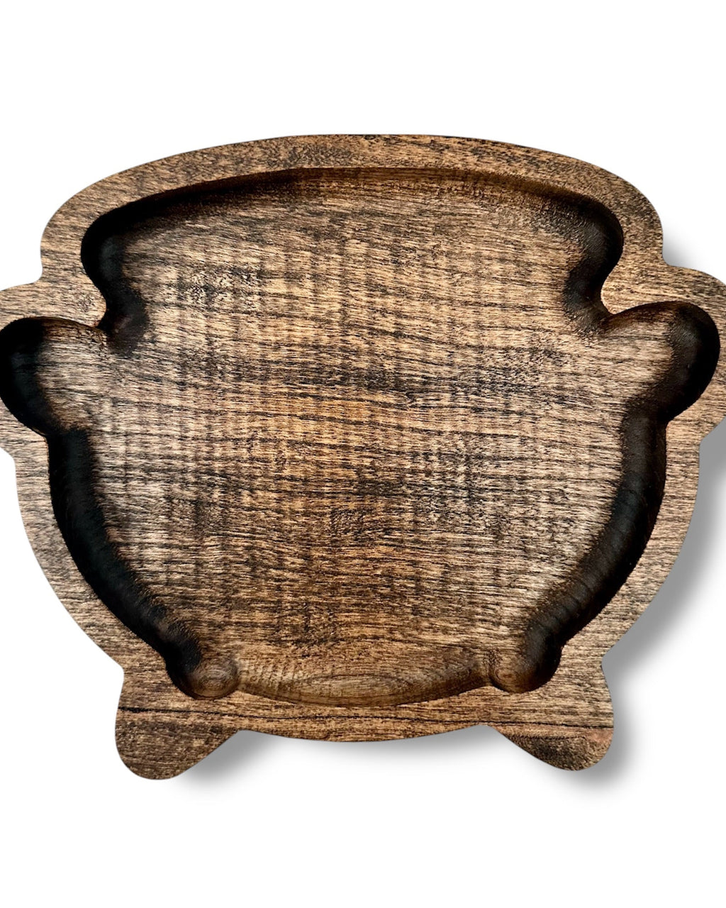 A decorative wooden tray in a cauldron shape with a dark walnut wood grain.