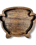 A decorative wooden tray in a cauldron shape with a dark walnut wood grain.