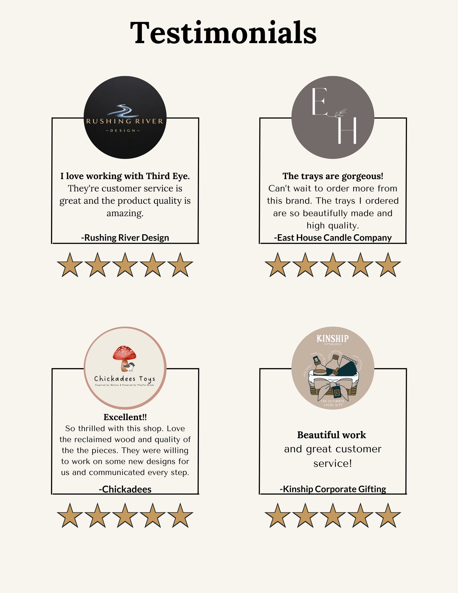 Testimonials from various companies with star ratings on a white background