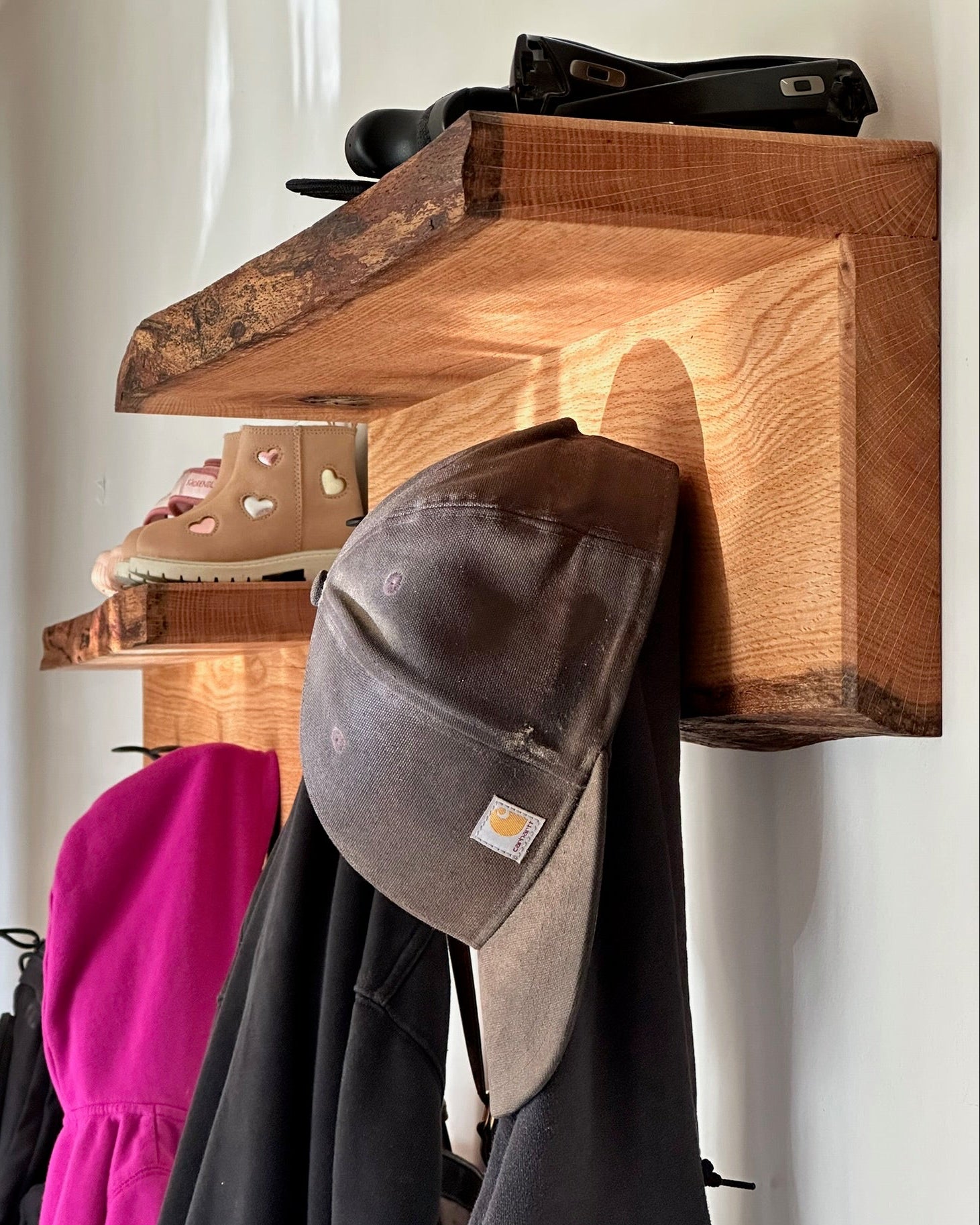 Live edge wall mounted oak shelves