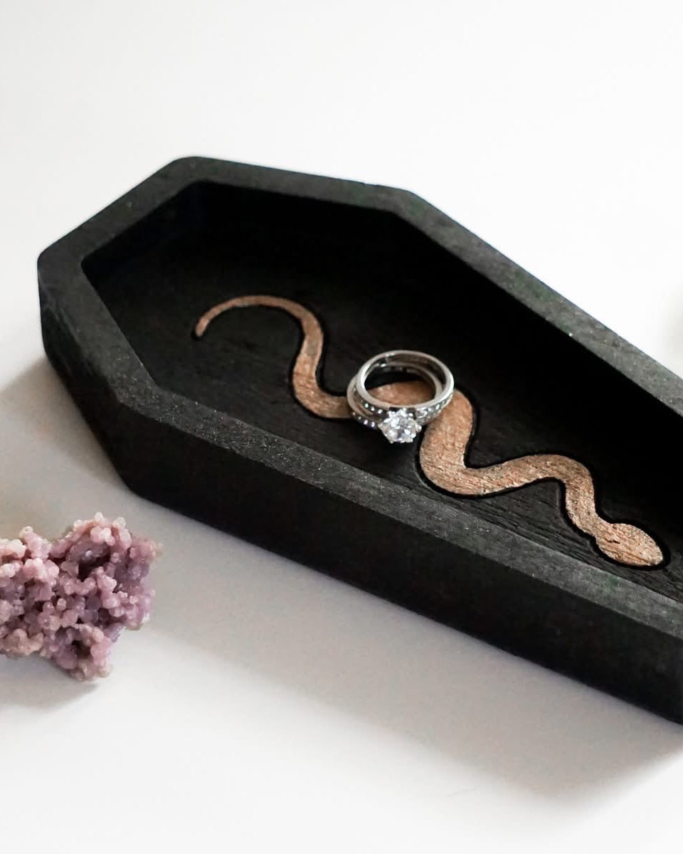 Black coffin-shaped jewelry dish with a ring and decorative snake on a white background