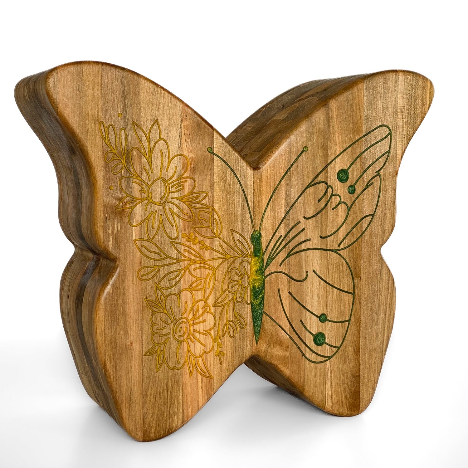 A carved wooden butterfly urn with floral and butterfly line engravings, shown on a clean white background.