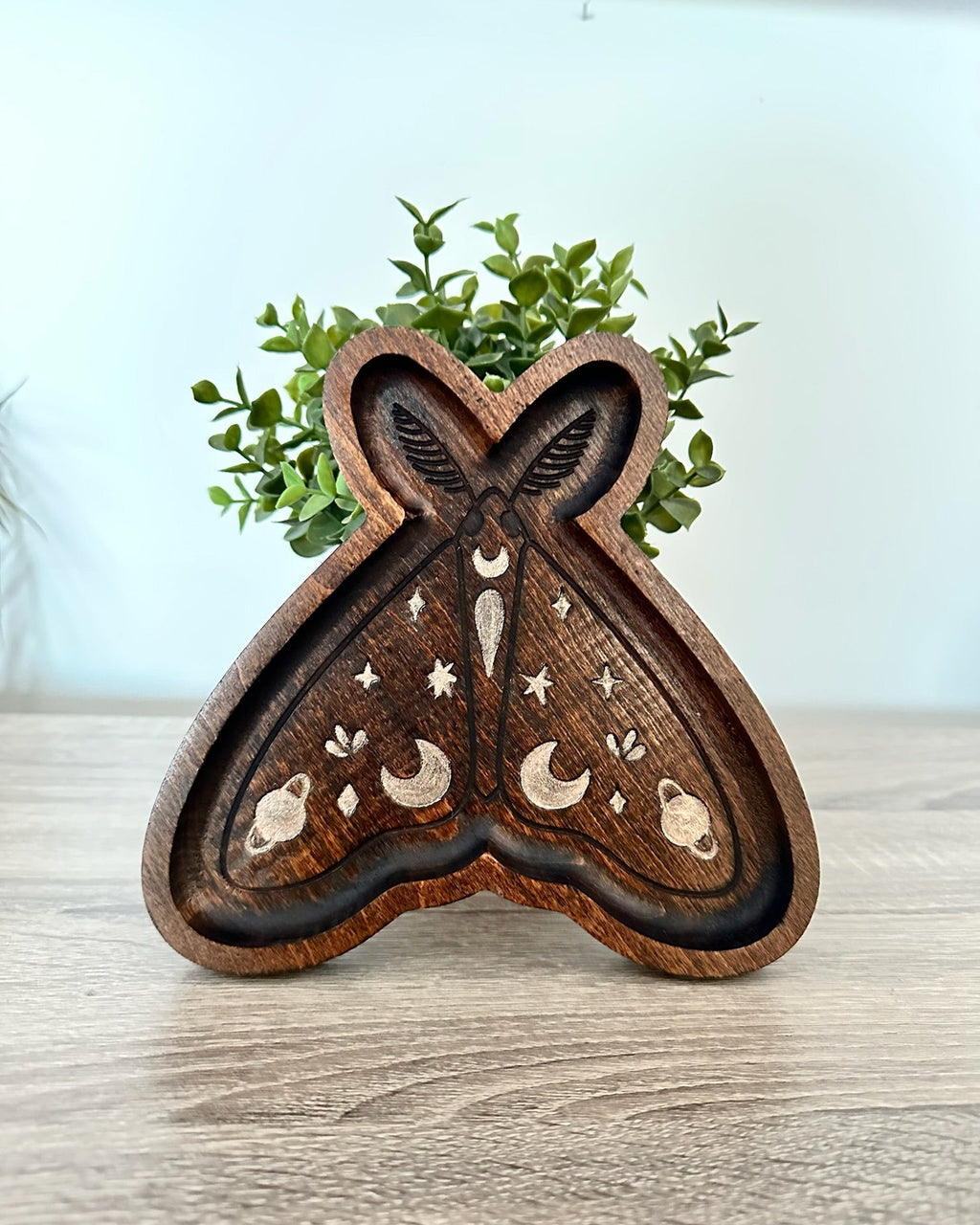 Wooden moth butterfly-shaped decorative item with carvings on a wooden surface with a plant in the background.