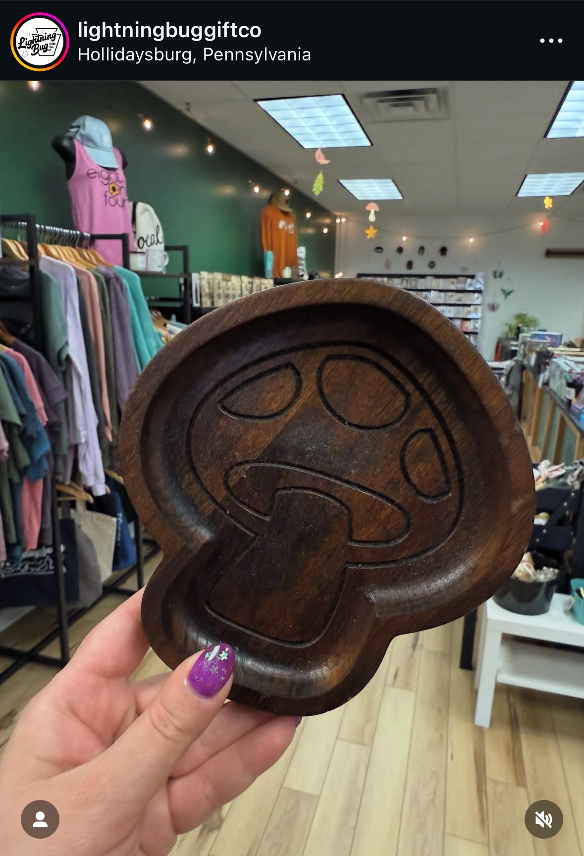 A hand with purple nail polish holds a dark brown carved wooden dish shaped like a mushroom in a retail store setting.