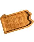 A rectangular wooden Pennsylvania tray with scalloped edges and an engraved keystone symbol in the center, shown on a plain white background.