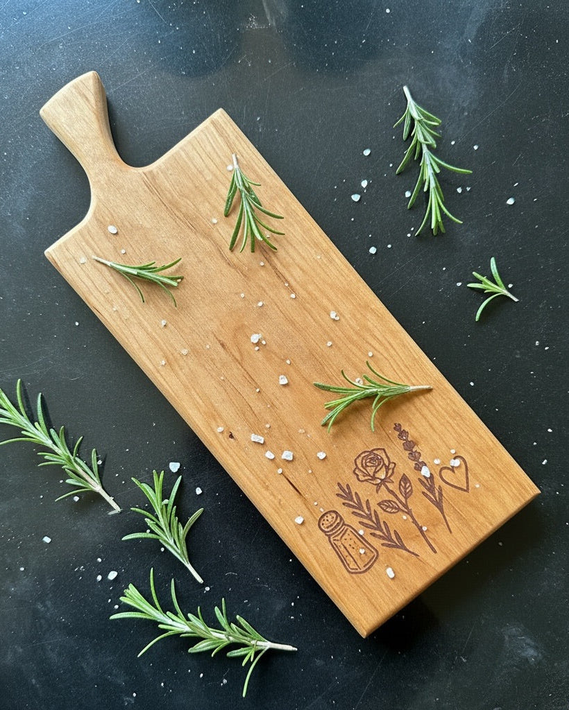 A rectangular wooden cutting board with a handle, featuring engraved rosemary and herb illustrations, placed on a dark textured surface with scattered rosemary sprigs and coarse salt. a practical magic nod.